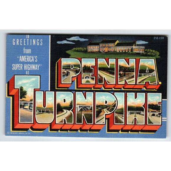 Greeting From Penna Turnpike Large Big Letter Postcard Pennsylvania Linen Unused - Picture 1 of 2